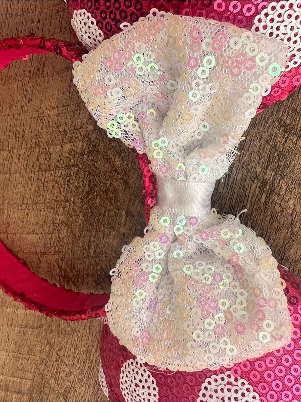 Disney Sequin Pink Polka Dot Mouse Ear Headband with White Bow - Picture 4 of 4